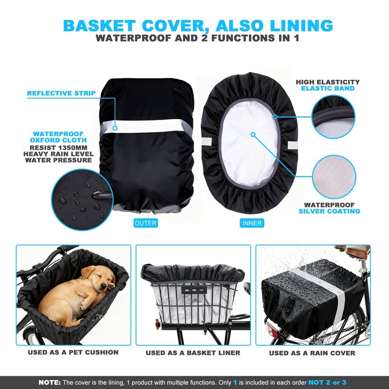 MATTISAM Waterproof Bike Basket Rain Cover and Bungee Cargo Net - Elastic Bicycle Basket Liner with Reflective Strip, Fits Most Bikes (Black, Large-80L) - Image 3